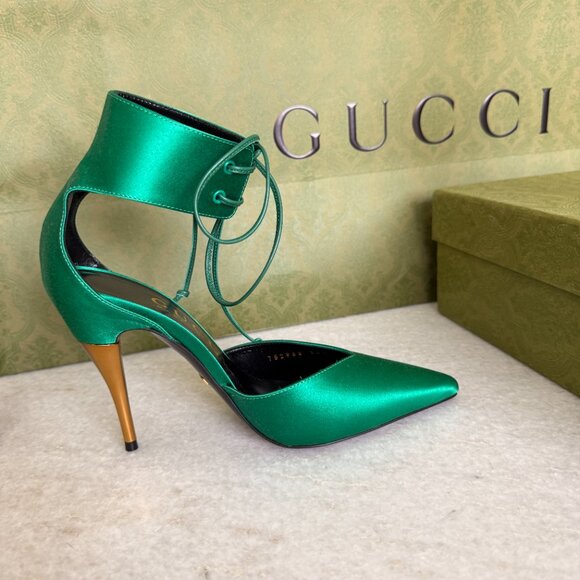 GUCCI 752966 Priscilla Emerald Green Satin Strap Gold Stiletto Heel 36+, US 6.5 - Picture 5 of 16